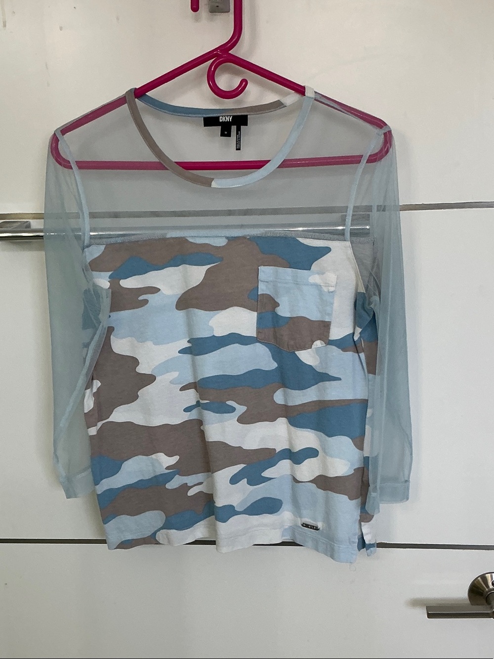 DKNY Light Blue, Taupe & White Camouflage Long Sleeve Tee with Sheer Sleeves